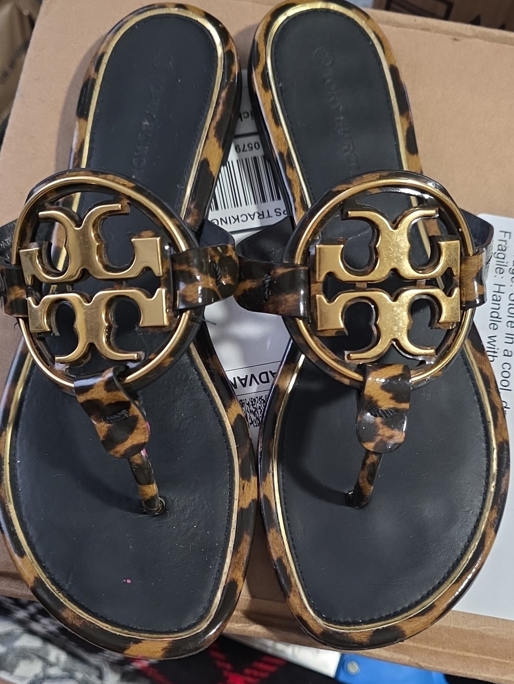 Tory Burch Leopard-Print Miller Thong Sandals with Gold Logo